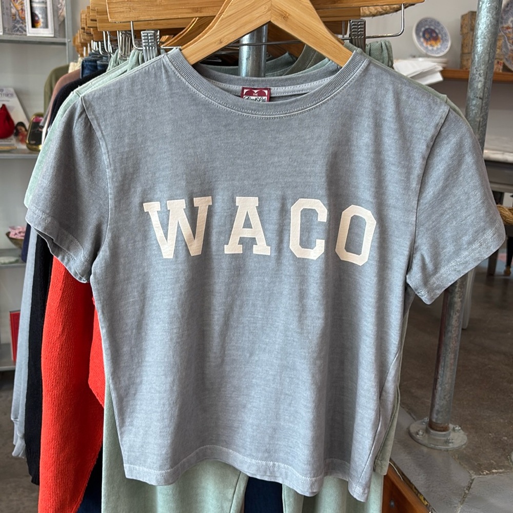 Ash gray tee with Waco in cream